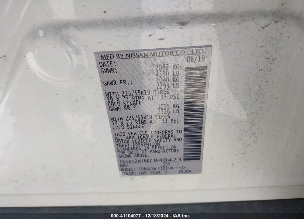 2019 NISSAN ROGUE SL VIN: 5N1AT2MT6KC840423