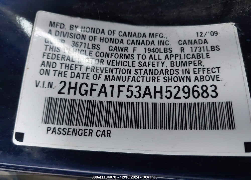 2010 HONDA CIVIC LX VIN: 2HGFA1F53AH529683