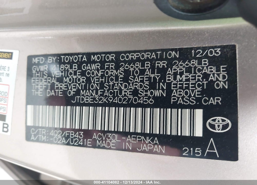 2004 TOYOTA CAMRY LE VIN: JTDBE32K940270456