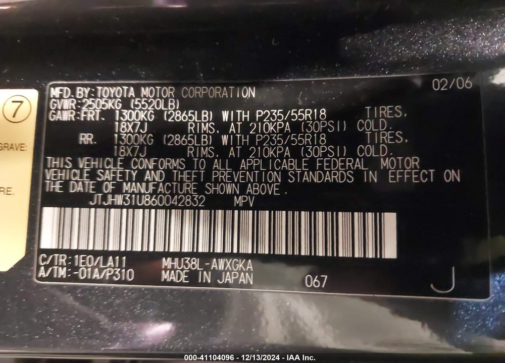 2006 LEXUS RX 400H VIN: JTJHW31U860042832