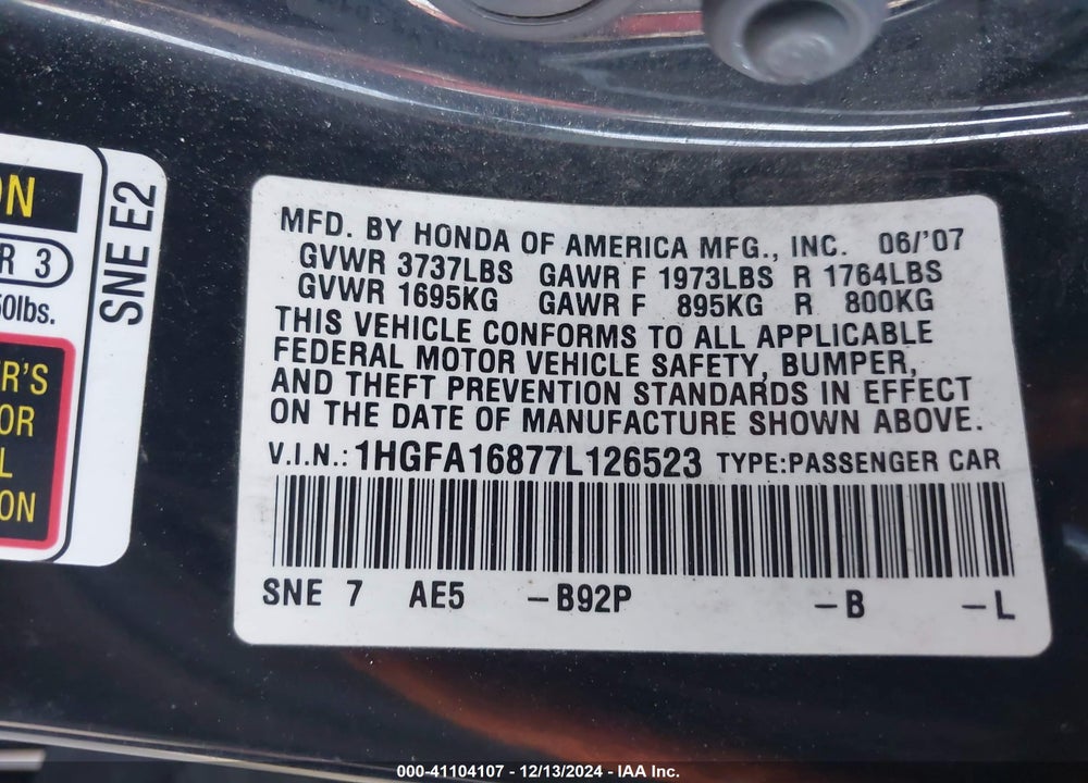 2007 HONDA CIVIC EX VIN: 1HGFA16877L126523