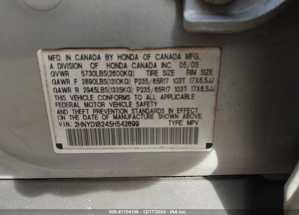 2005 ACURA MDX VIN: 2HNYD18245H542699