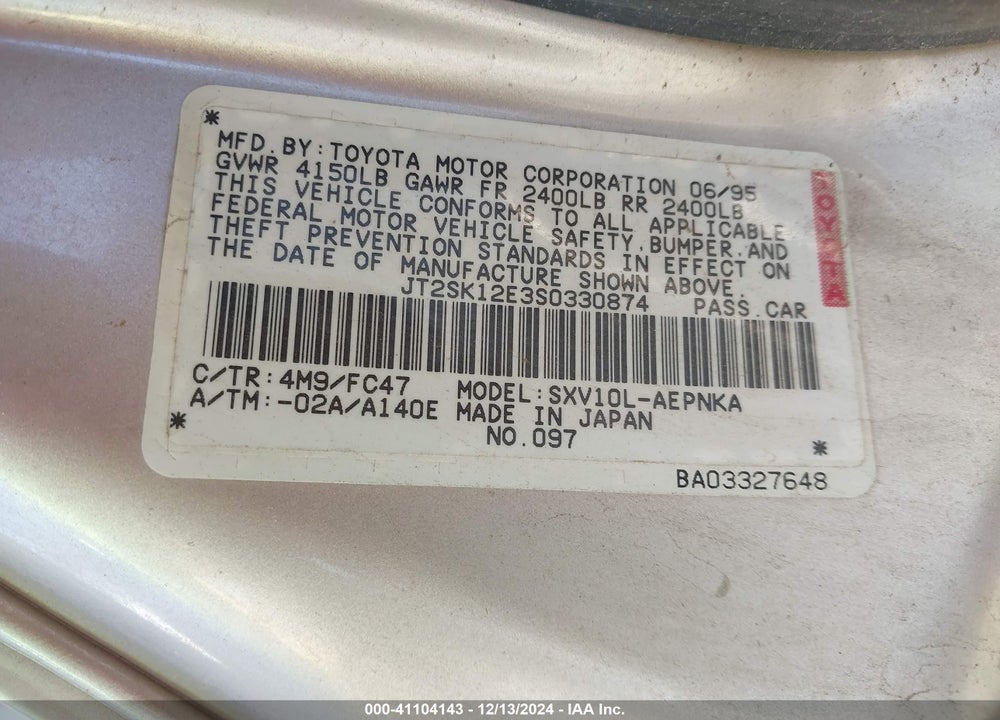 1995 TOYOTA CAMRY LE VIN: JT2SK12E3S0330874