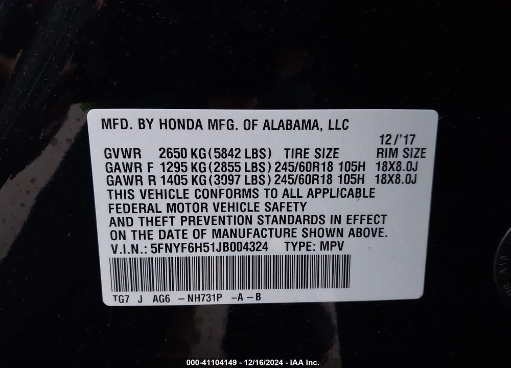 2018 HONDA PILOT EX-L VIN: 5FNYF6H51JB004324