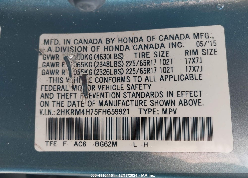 2015 HONDA CR-V EX-L VIN: 2HKRM4H75FH659921