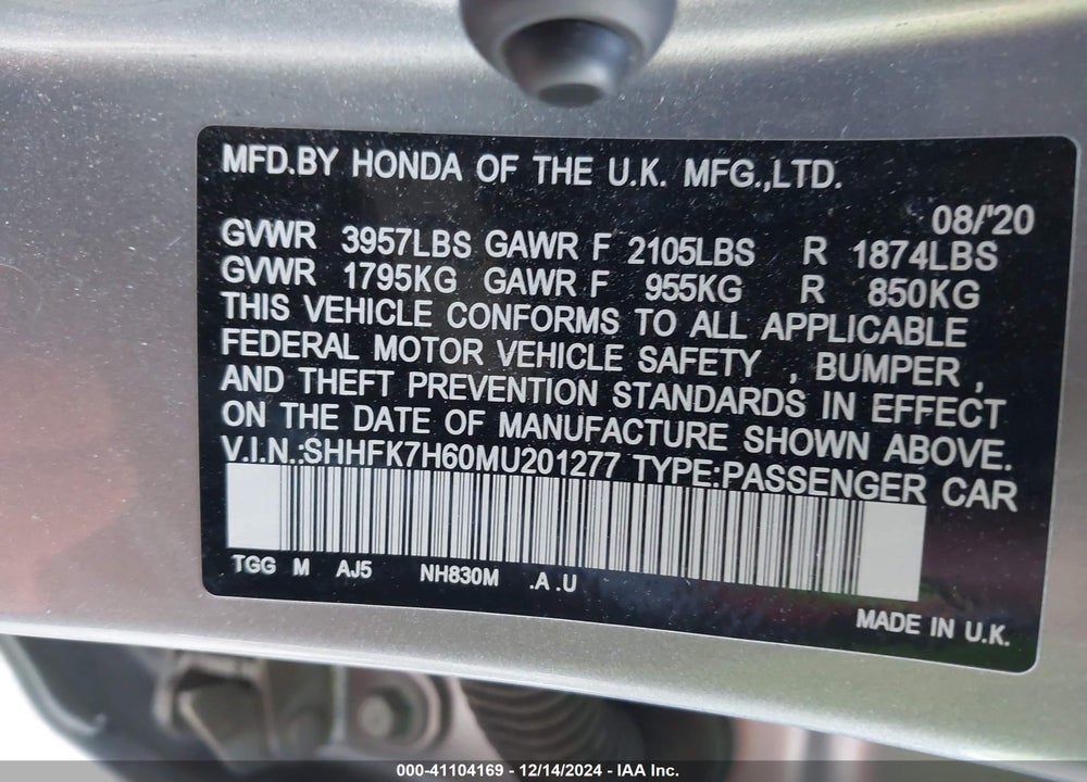 2021 HONDA CIVIC EX VIN: SHHFK7H60MU201277