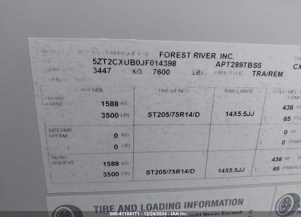 2018 COACHMEN 289TBSS VIN: 5ZT2CXUB0JF014398