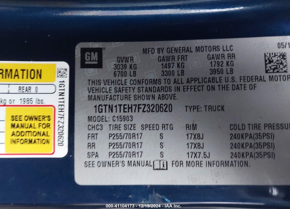 2015 GMC SIERRA 1500 VIN: 1GTN1TEH7FZ320620