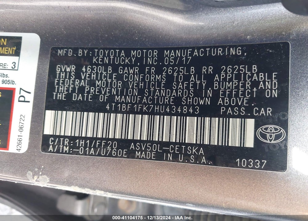 2017 TOYOTA CAMRY SE VIN: 4T1BF1FK7HU434843