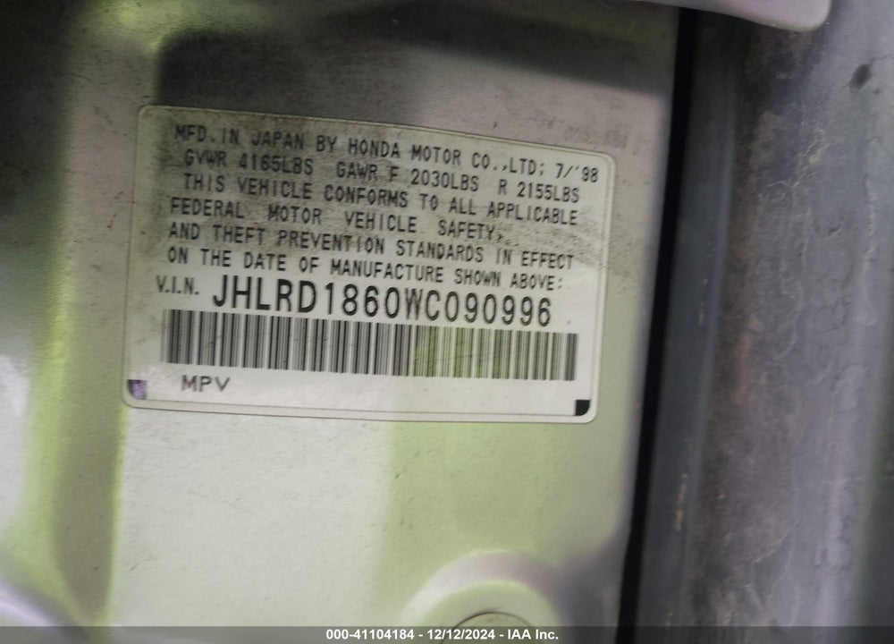 1998 HONDA CR-V EX VIN: JHLRD1860WC090996