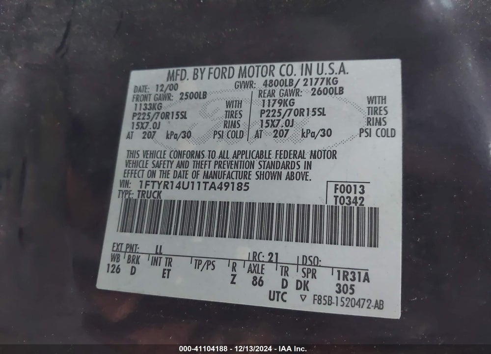 2001 FORD RANGER EDGE/XL/XLT VIN: 1FTYR14U11TA49185