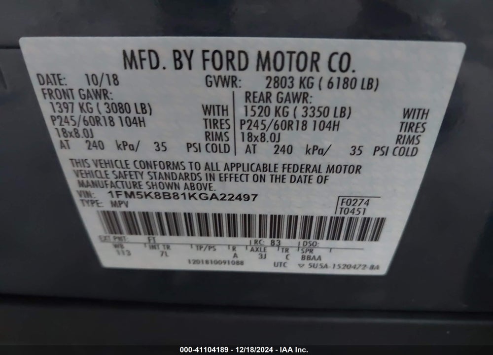 2019 FORD EXPLORER VIN: 1FM5K8B81KGA22497