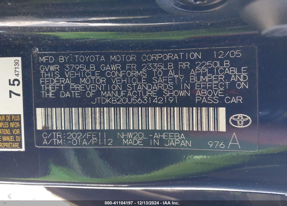 2006 TOYOTA PRIUS VIN: JTDKB20U563142191