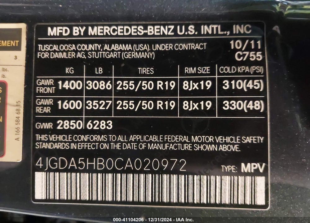 2012 MERCEDES-BENZ ML 350 4MATIC VIN: 4JGDA5HB0CA020972