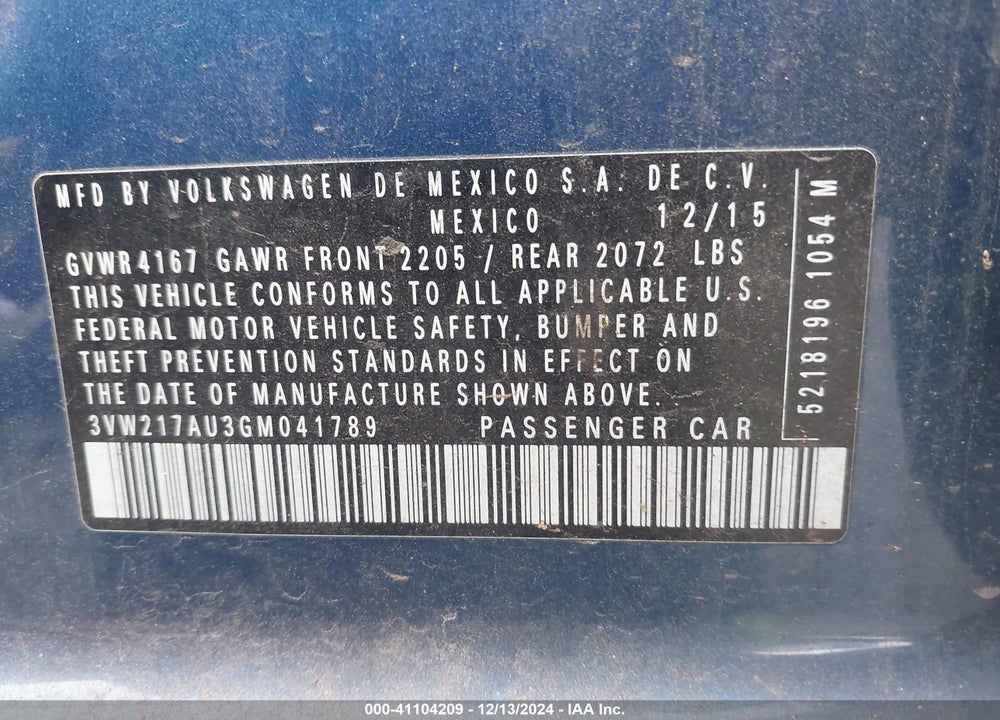 2016 VOLKSWAGEN GOLF TSI S 4-DOOR VIN: 3VW217AU3GM041789