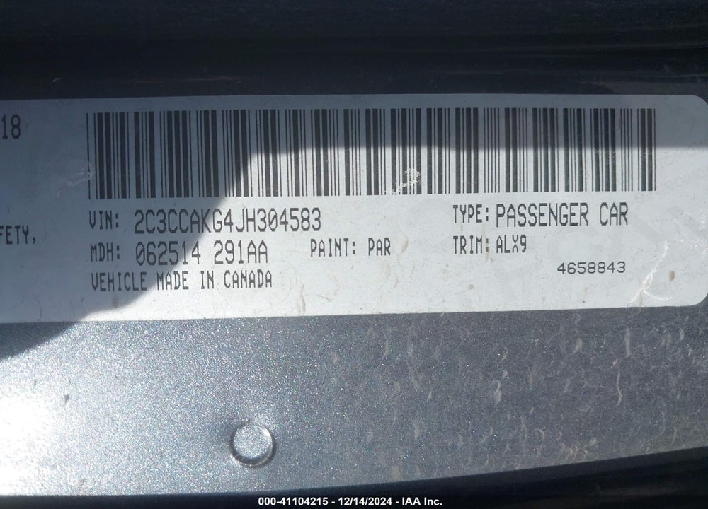 2018 CHRYSLER 300 VIN: 2C3CCAKG4JH304583