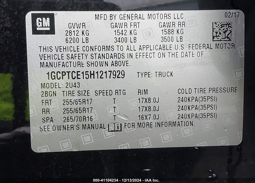 2017 CHEVROLET COLORADO LT VIN: 1GCPTCE15H1217929