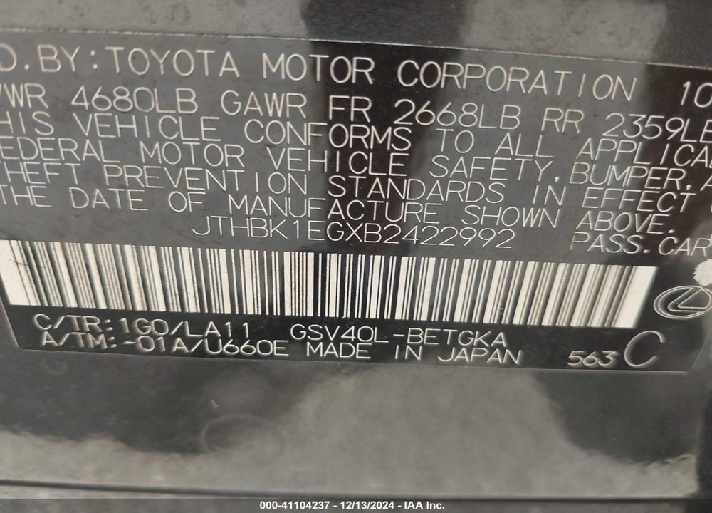 2011 LEXUS ES 350 VIN: JTHBK1EGXB2422992