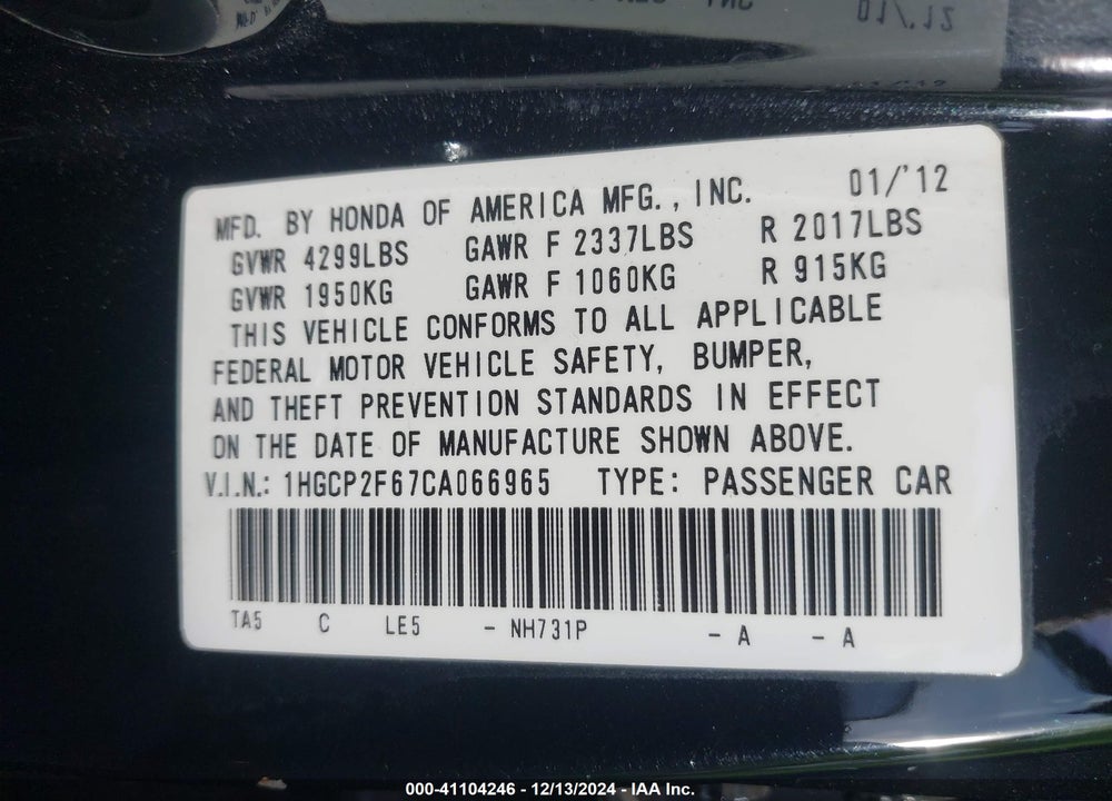 2012 HONDA ACCORD 2.4 SE VIN: 1HGCP2F67CA066965