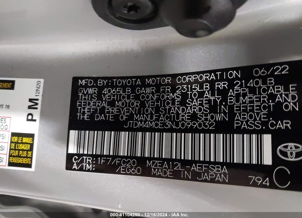 2022 TOYOTA COROLLA SE 6MT VIN: JTDM4MCE3NJ099032