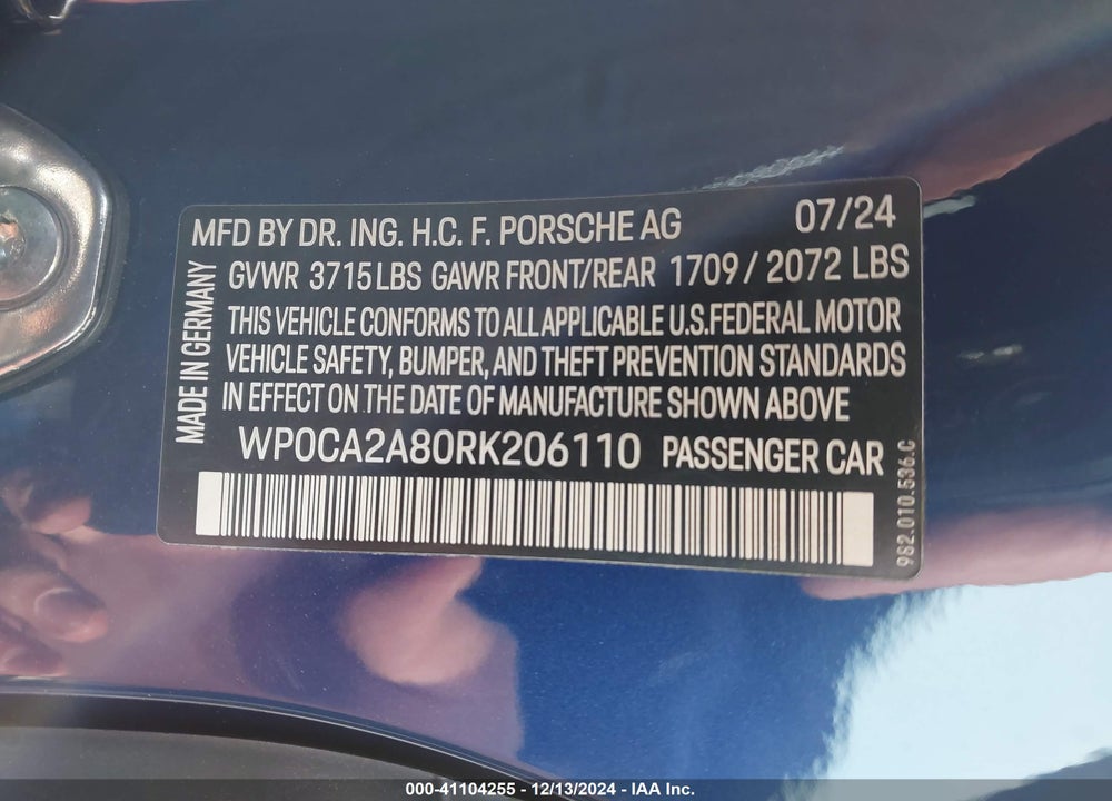 2024 PORSCHE 718 BOXSTER STYLE EDITION VIN: WP0CA2A80RK206110