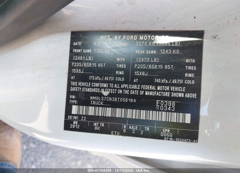 2011 FORD TRANSIT CONNECT XL VIN: NM0LS7CN3BT056164