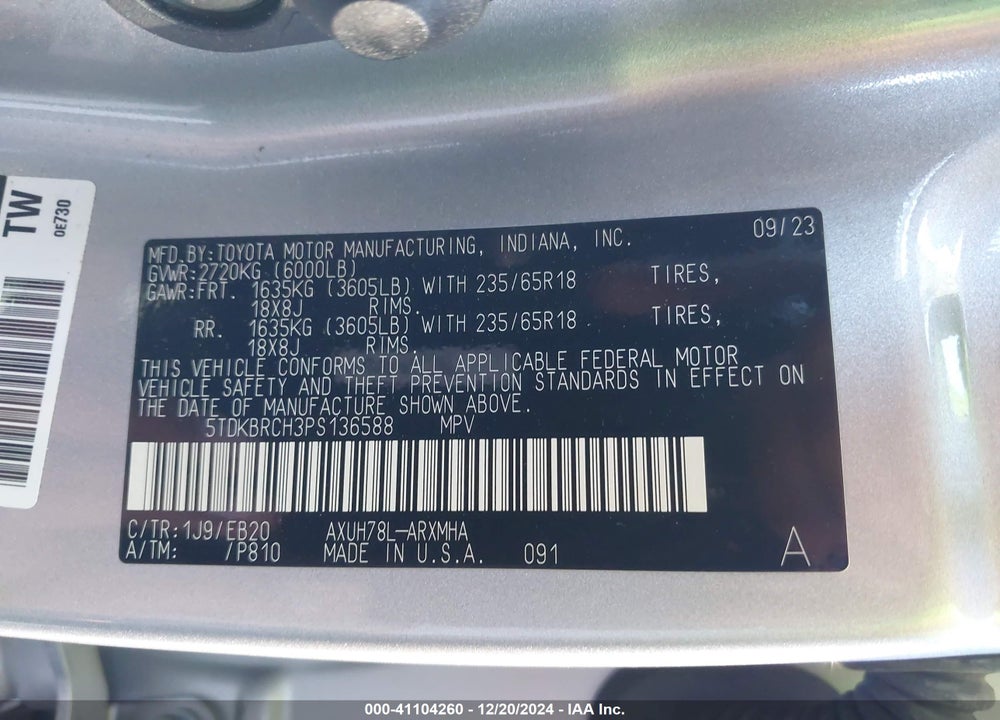 2023 TOYOTA HIGHLANDER HYBRID XLE VIN: 5TDKBRCH3PS136588