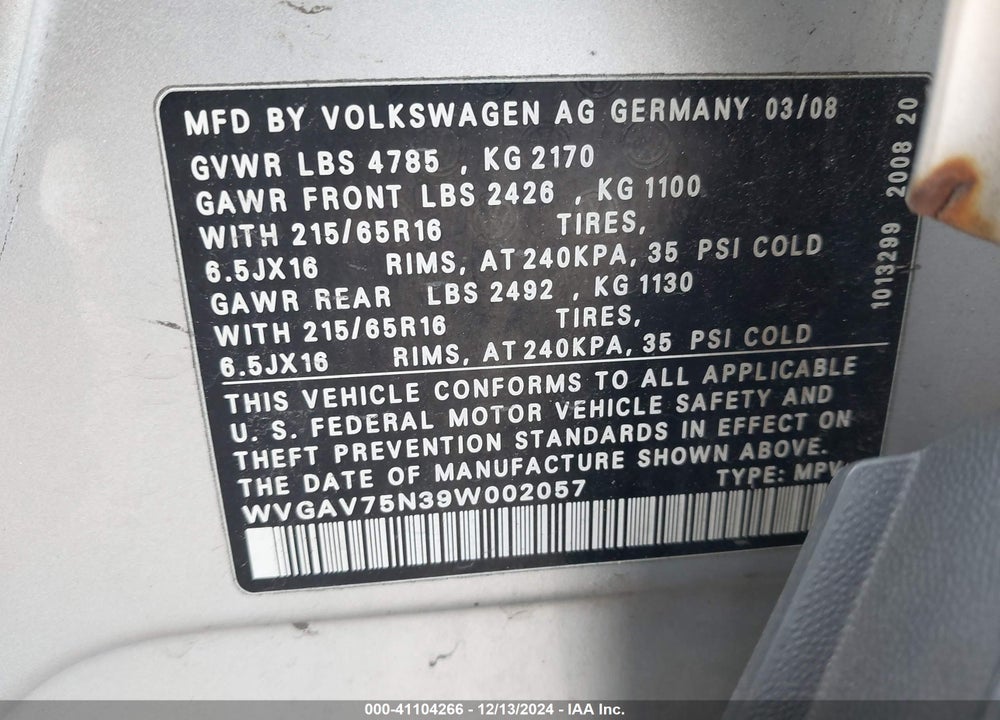 2009 VOLKSWAGEN TIGUAN S/SE/SEL VIN: WVGAV75N39W002057