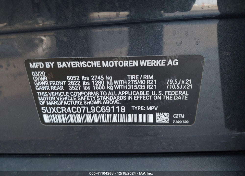 2020 BMW X5 SDRIVE40I VIN: 5UXCR4C07L9C69118