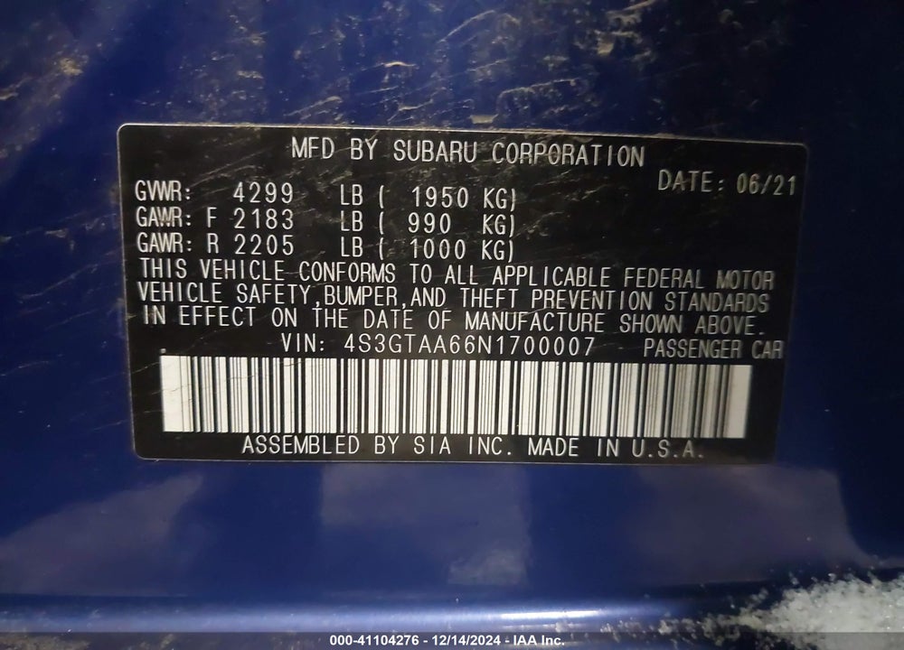 2022 SUBARU IMPREZA BASE 5-DOOR VIN: 4S3GTAA66N1700007