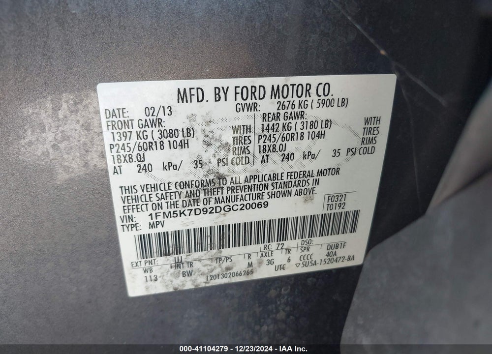 2013 FORD EXPLORER XLT VIN: 1FM5K7D92DGC20069