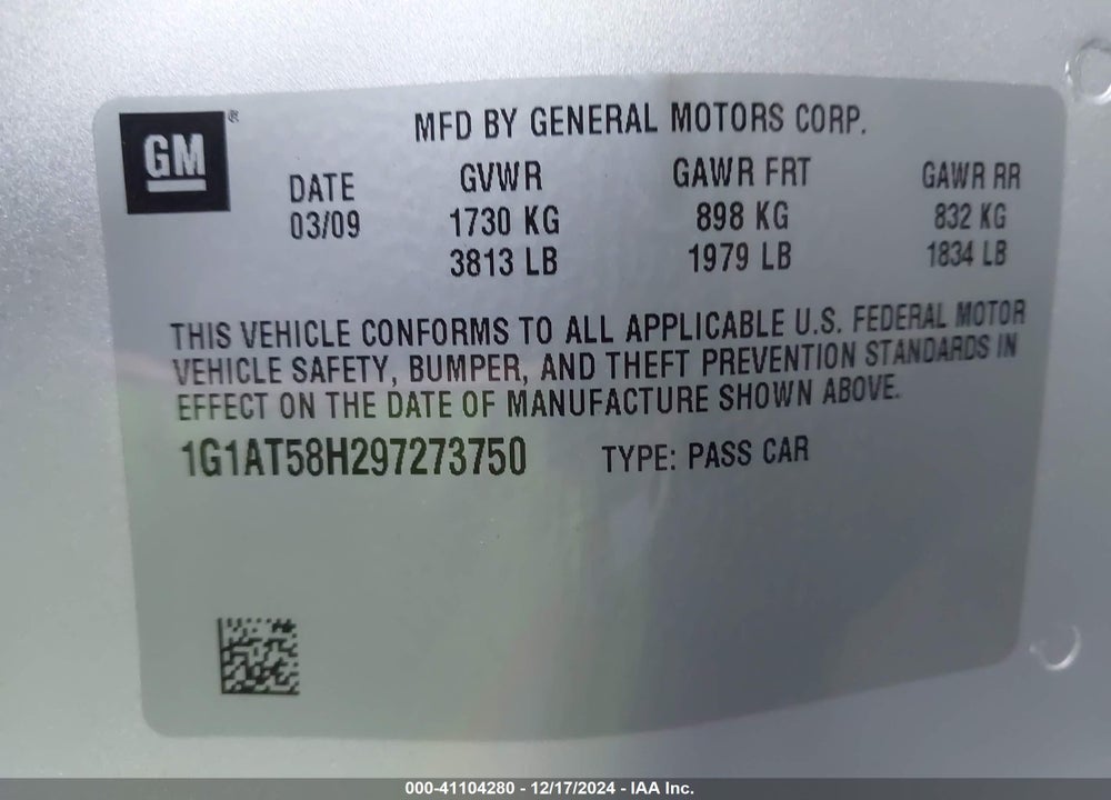 2009 CHEVROLET COBALT LT W/1LT VIN: 1G1AT58H297273750