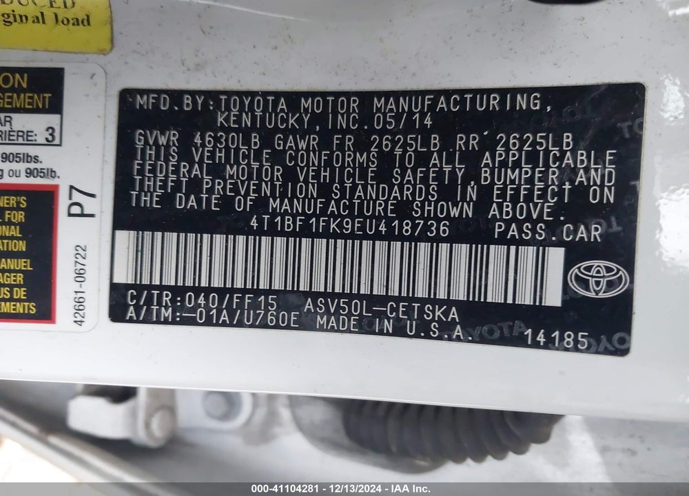 2014 TOYOTA CAMRY SE VIN: 4T1BF1FK9EU418736