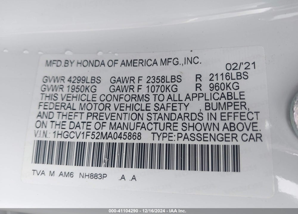 2021 HONDA ACCORD VIN: 1HGCV1F52MA045868