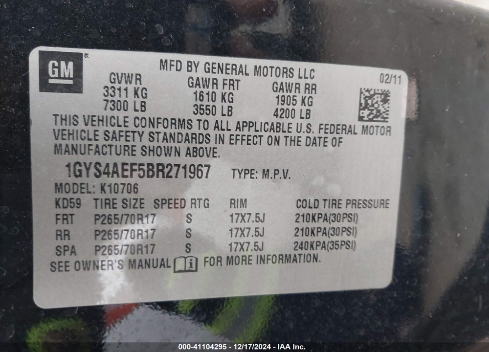 2011 CADILLAC ESCALADE VIN: 1GYS4AEF5BR271967