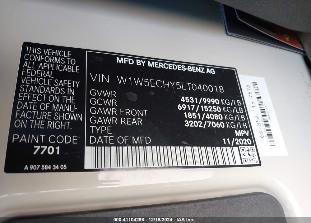 2020 MERCEDES-BENZ SPRINTER 3500 HIGH ROOF V6 VIN: W1W5ECHY5LT040018