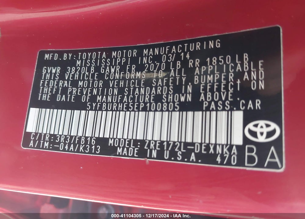 2014 TOYOTA COROLLA LE VIN: 5YFBURHE5EP100805