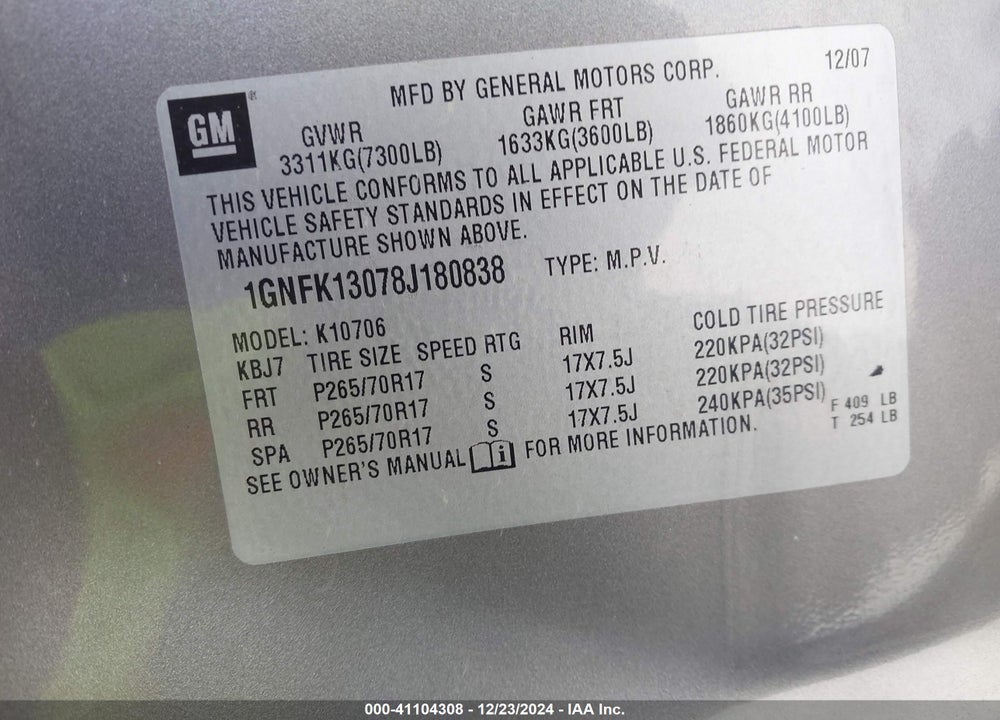 2008 CHEVROLET TAHOE LS VIN: 1GNFK13078J180838
