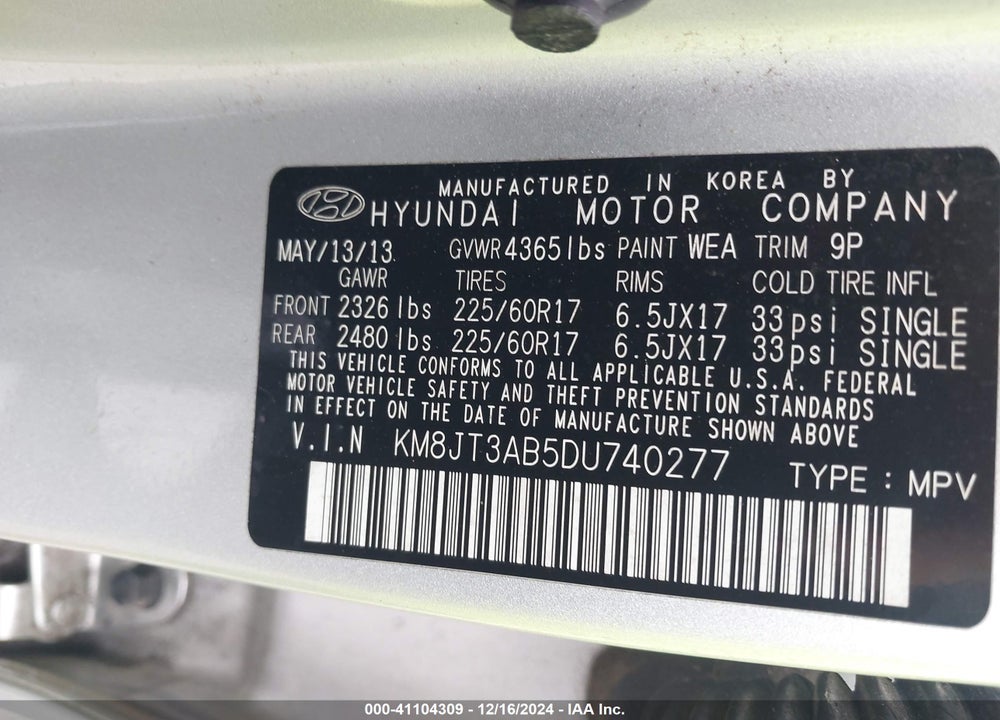2013 HYUNDAI TUCSON GL VIN: KM8JT3AB5DU740277