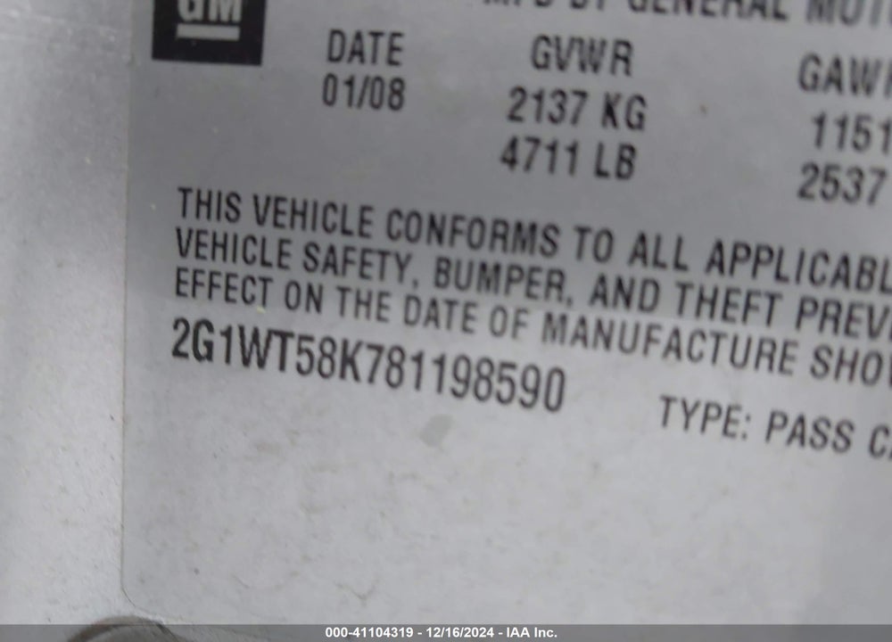 2008 CHEVROLET IMPALA LT VIN: 2G1WT58K781198590