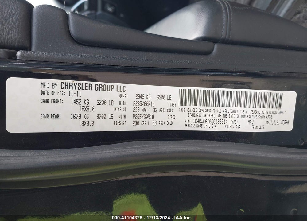 2012 JEEP GRAND CHEROKEE LAREDO VIN: 1C4RJFAT0CC192314