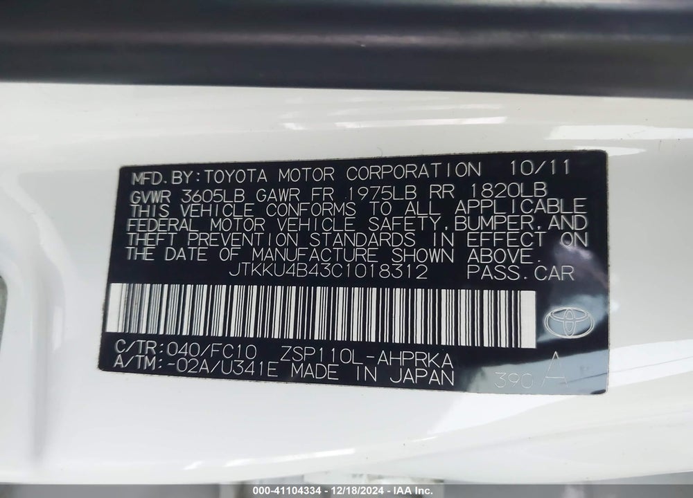 2012 SCION XD VIN: JTKKU4B43C1018312