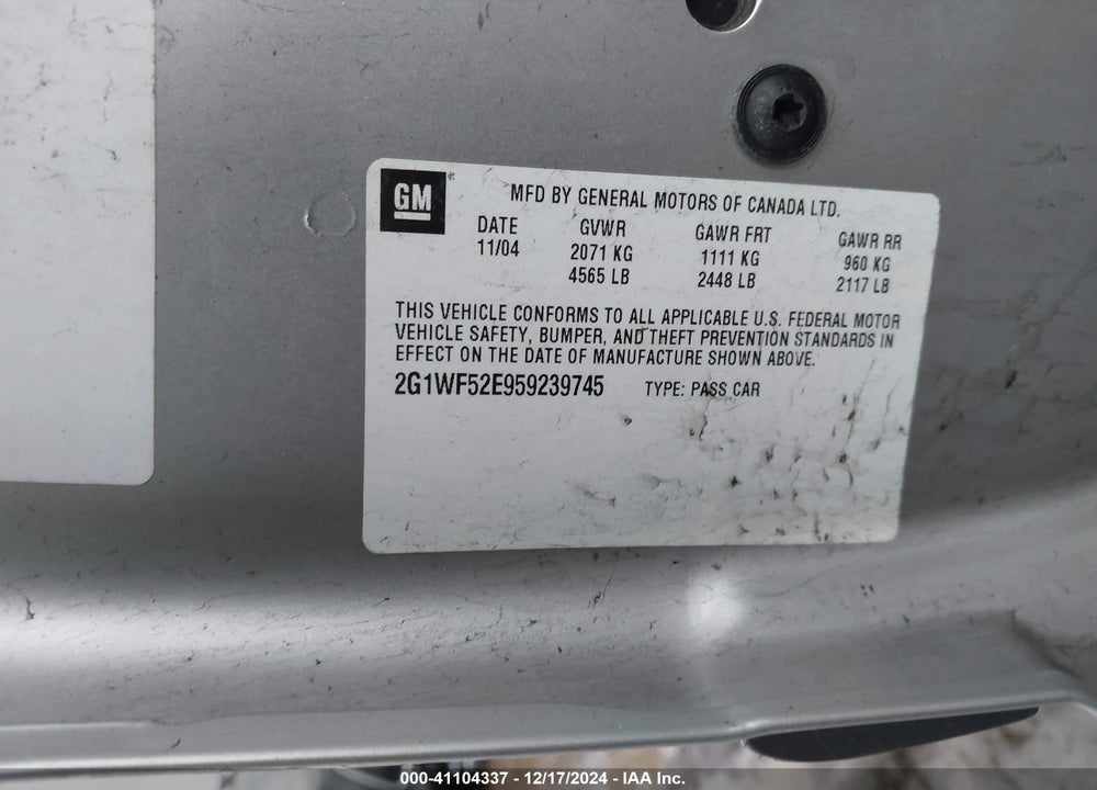 2005 CHEVROLET IMPALA VIN: 2G1WF52E959239745