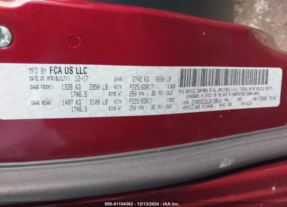 2018 DODGE GRAND CARAVAN GT VIN: 2C4RDGEG3JR159614