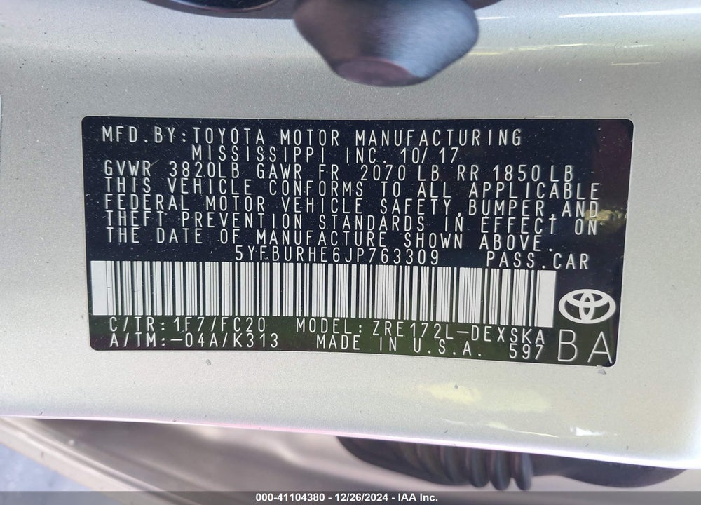 2018 TOYOTA COROLLA VIN: 5YFBURHE6JP763309