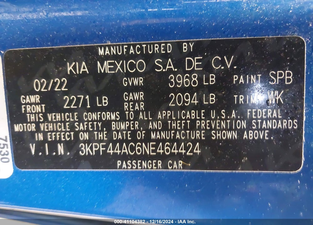 2022 KIA FORTE GT VIN: 3KPF44AC6NE464424