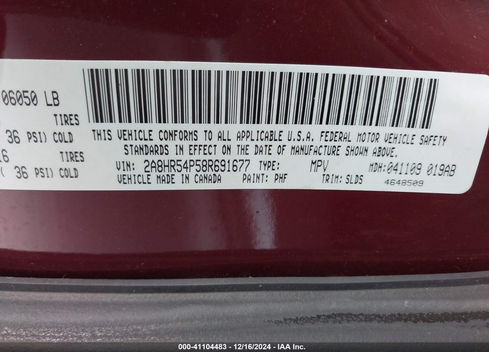 2008 CHRYSLER TOWN & COUNTRY VIN: 2A8HR54P58R691677