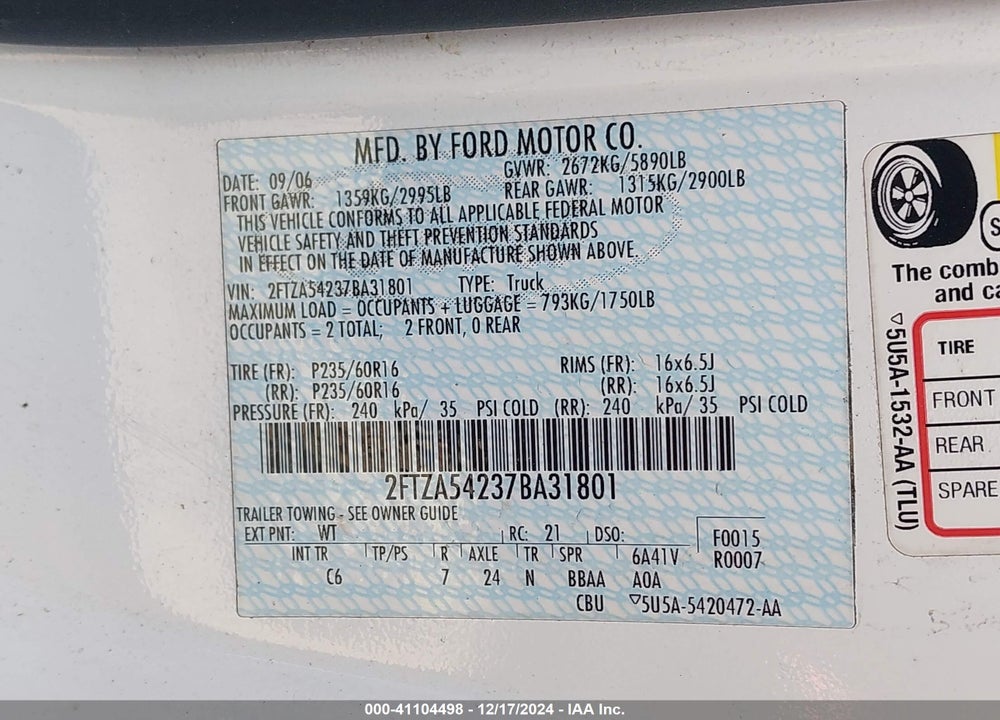 2007 FORD FREESTAR CARGO VIN: 2FTZA54237BA31801