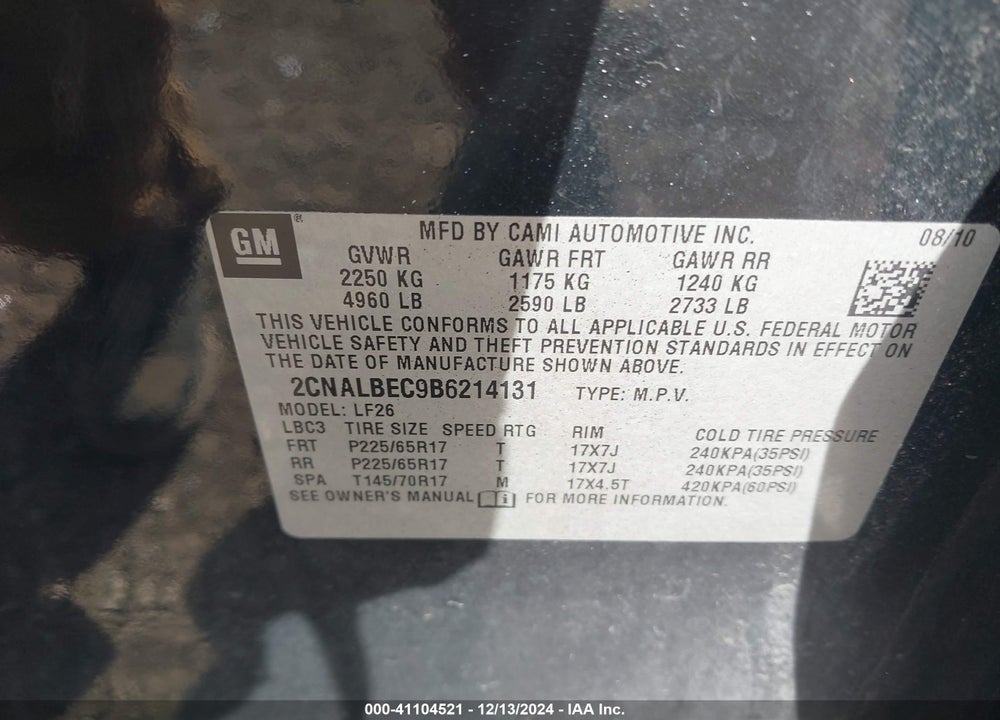 2011 CHEVROLET EQUINOX LS VIN: 2CNALBEC9B6214131