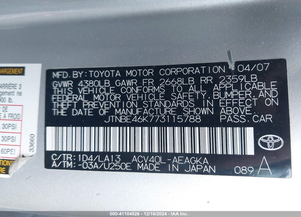2007 TOYOTA CAMRY XLE VIN: JTNBE46K773115788